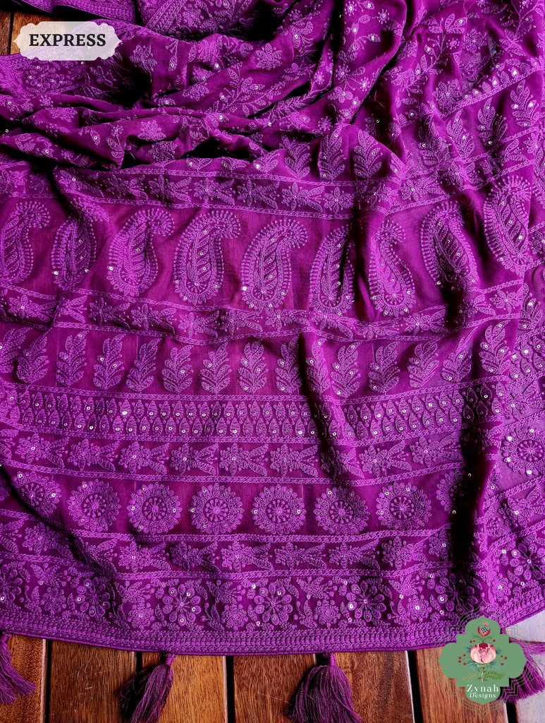 Aubergine Pure Georgette Saree with Chikankari Embroidery 10