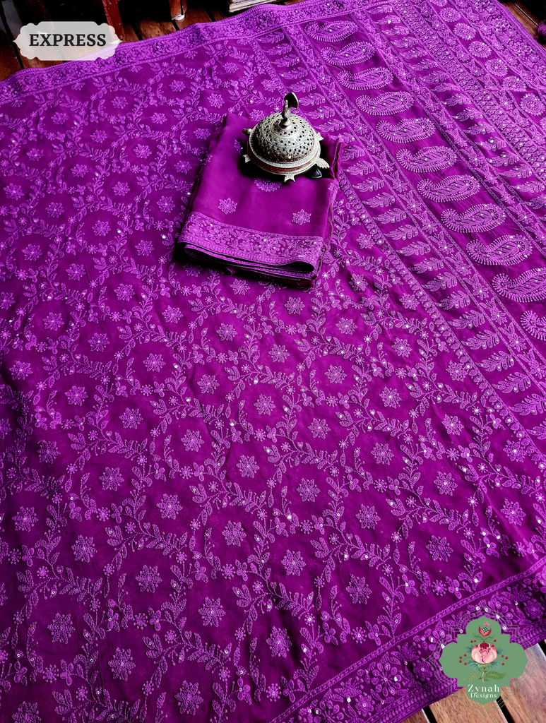 Aubergine Pure Georgette Saree with Chikankari Embroidery 11