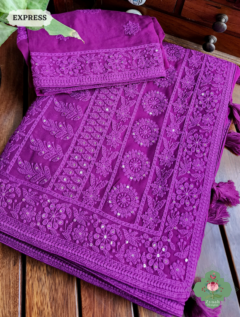 Aubergine Pure Georgette Saree with Chikankari Embroidery 12