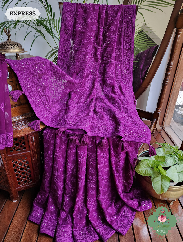 Aubergine Pure Georgette Saree with Chikankari Embroidery 1