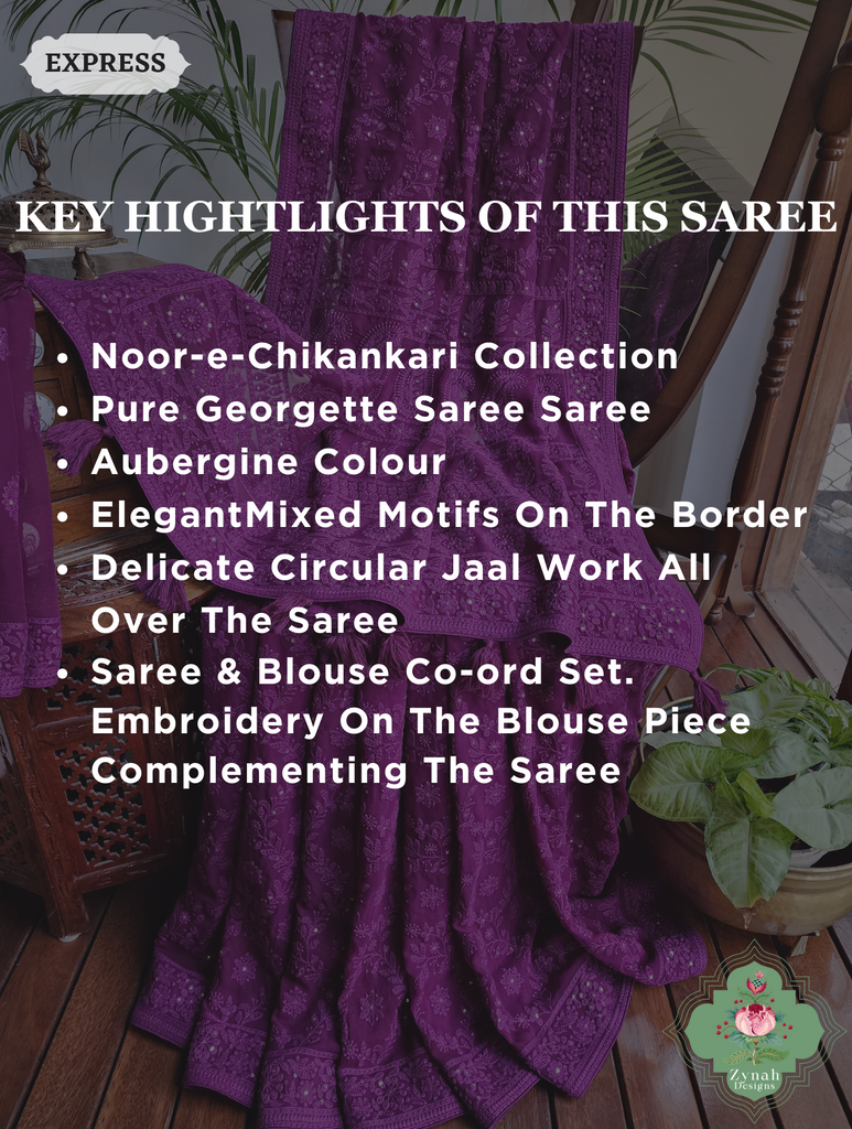Aubergine Pure Georgette Saree with Chikankari Embroidery 2