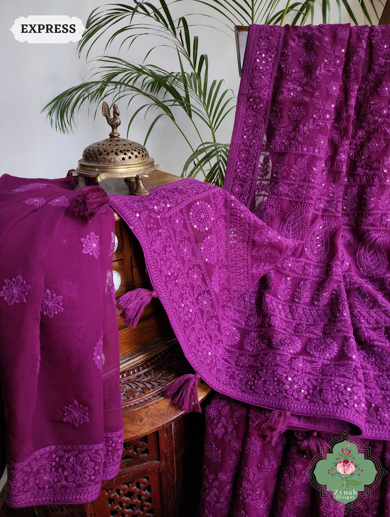 Aubergine Pure Georgette Saree with Chikankari Embroidery 3