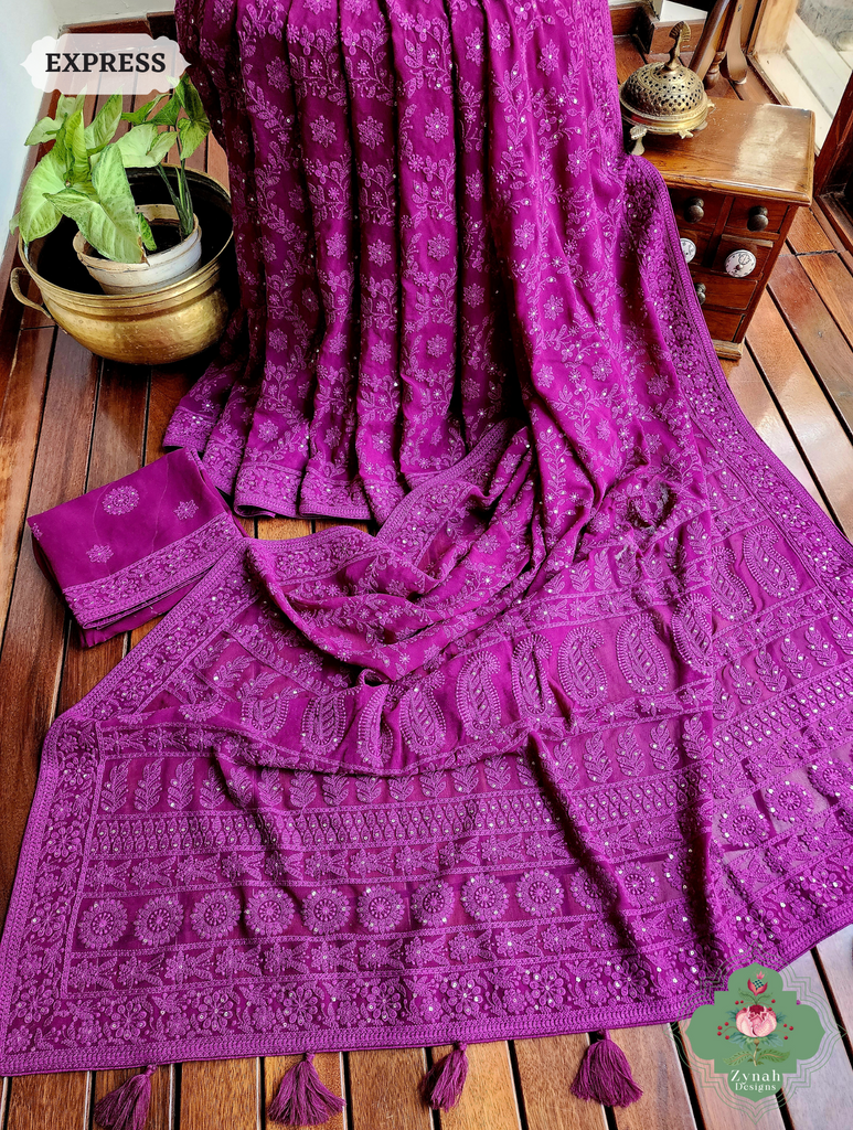 Aubergine Pure Georgette Saree with Chikankari Embroidery 4