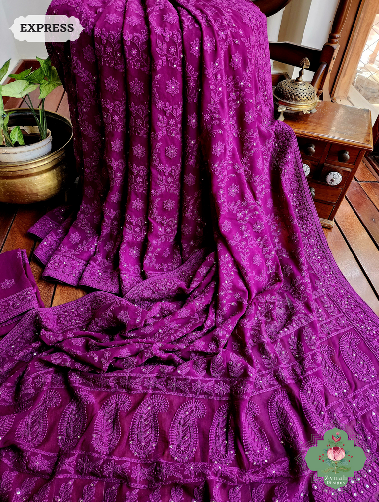 Aubergine Pure Georgette Saree with Chikankari Embroidery 5
