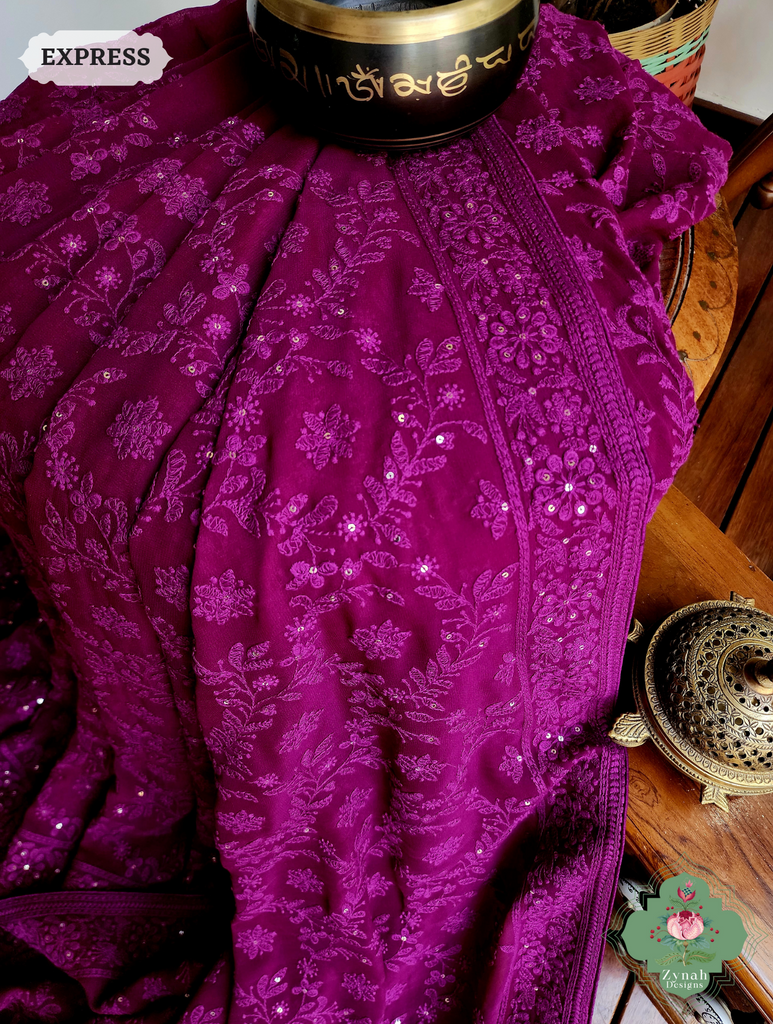 Aubergine Pure Georgette Saree with Chikankari Embroidery 6