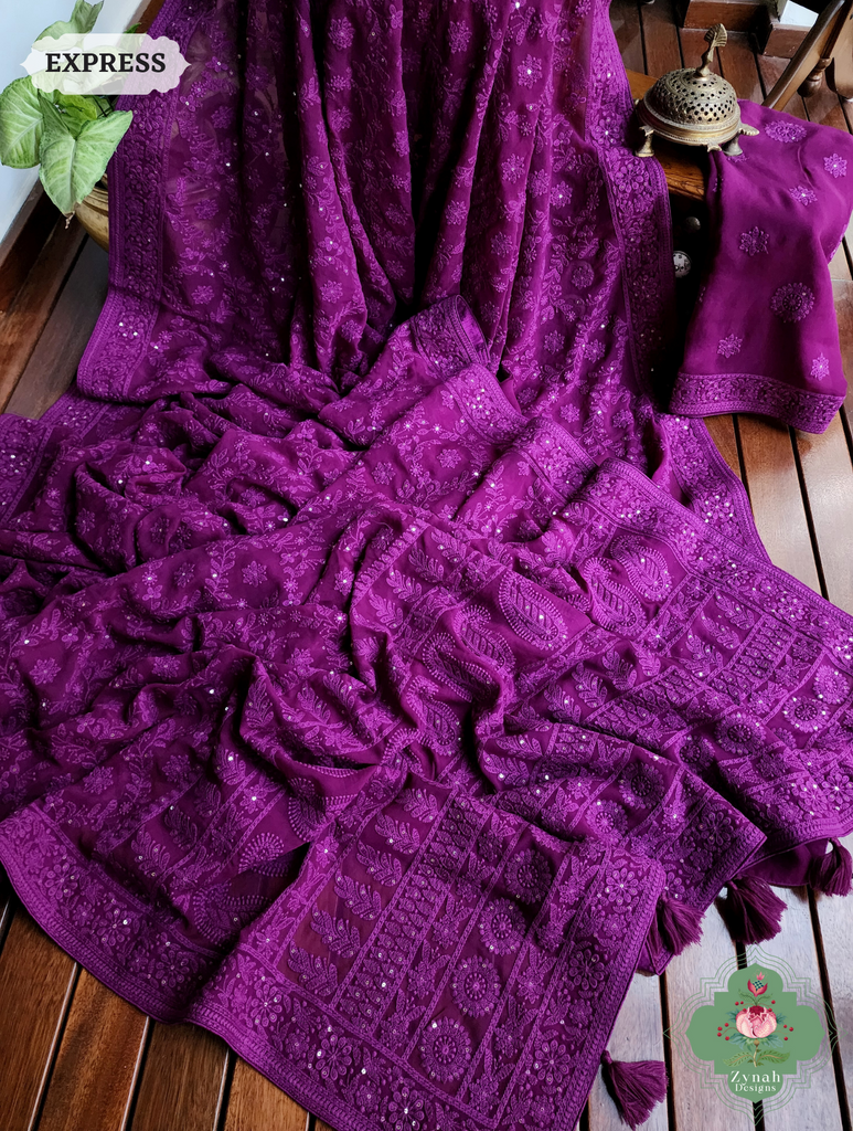 Aubergine Pure Georgette Saree with Chikankari Embroidery 7