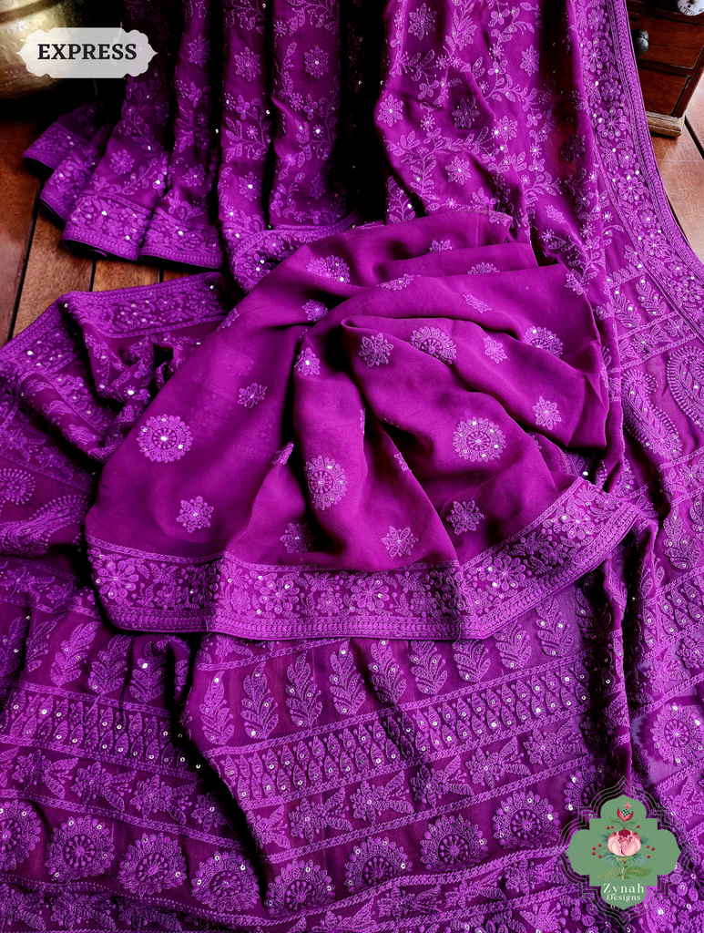 Aubergine Pure Georgette Saree with Chikankari Embroidery 8