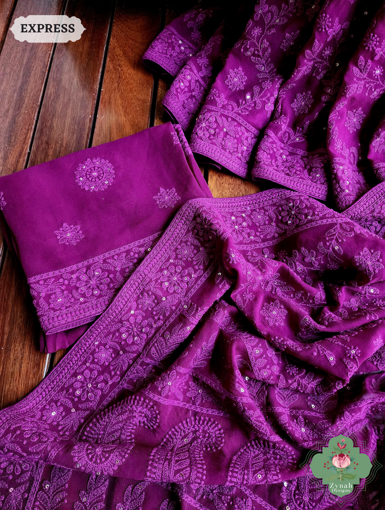 Aubergine Pure Georgette Saree with Chikankari Embroidery 9