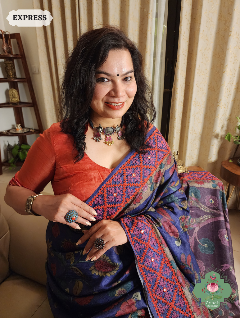Zynah Aubergine Hand-Painted Tussar Silk Kalamkari Saree With Kutch Hand Embroidery; Custom Stitched/Ready-made Blouse, Fall, Petticoat; SKU: 2805202505