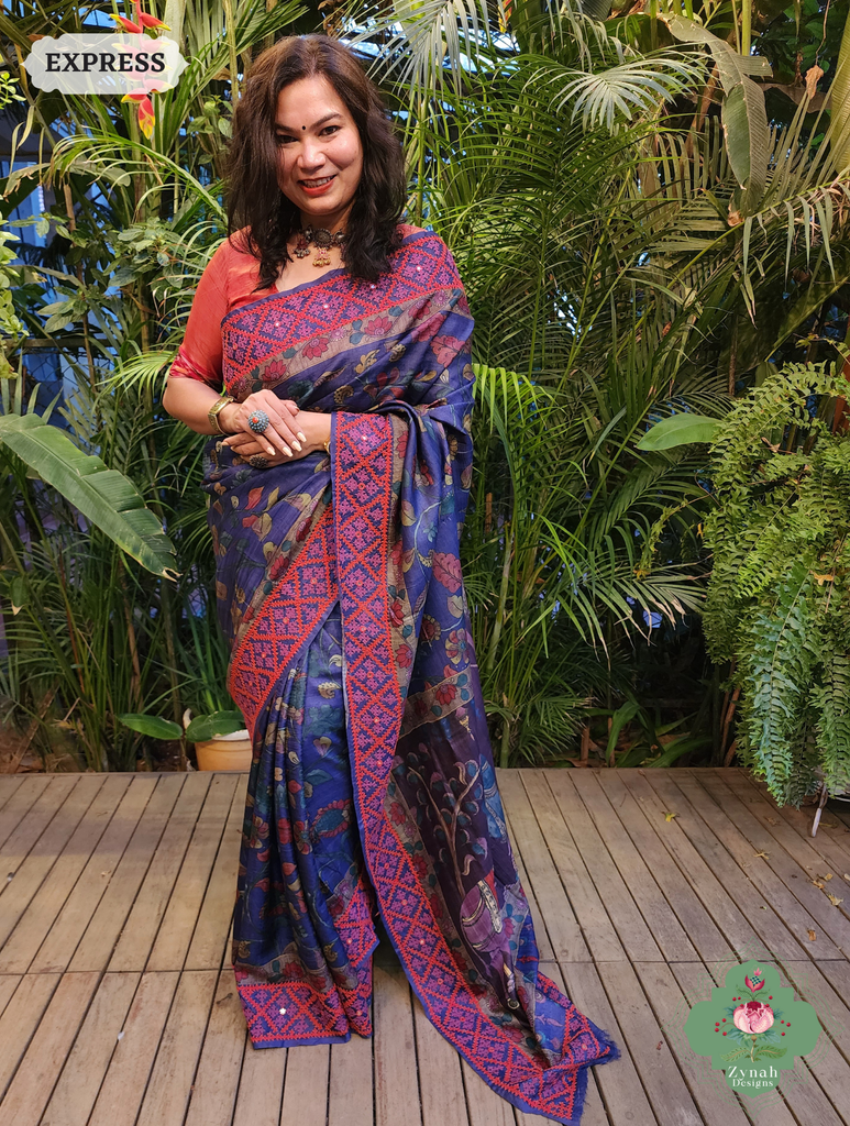 Zynah Aubergine Hand-Painted Tussar Silk Kalamkari Saree With Kutch Hand Embroidery; Custom Stitched/Ready-made Blouse, Fall, Petticoat; SKU: 2805202505