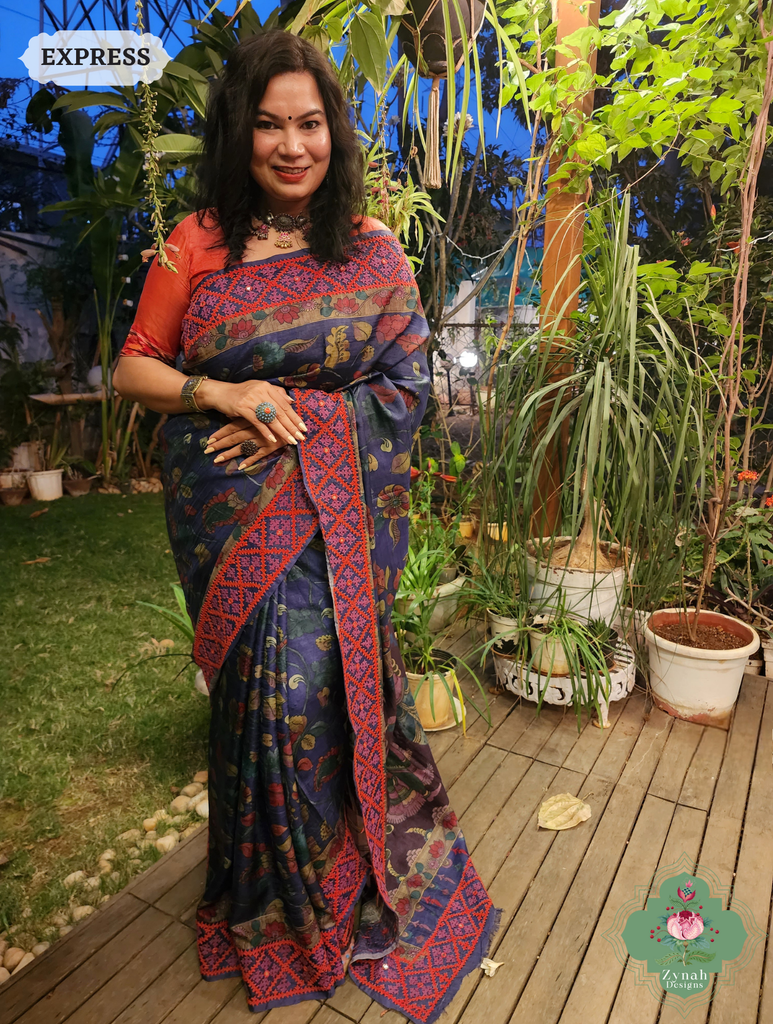 Zynah Aubergine Hand-Painted Tussar Silk Kalamkari Saree With Kutch Hand Embroidery; Custom Stitched/Ready-made Blouse, Fall, Petticoat; SKU: 2805202505
