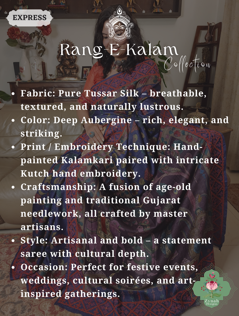 Zynah Aubergine Hand-Painted Tussar Silk Kalamkari Saree With Kutch Hand Embroidery; Custom Stitched/Ready-made Blouse, Fall, Petticoat; SKU: 2805202505