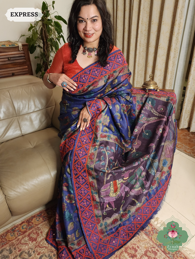 Zynah Aubergine Hand-Painted Tussar Silk Kalamkari Saree With Kutch Hand Embroidery; Custom Stitched/Ready-made Blouse, Fall, Petticoat; SKU: 2805202505