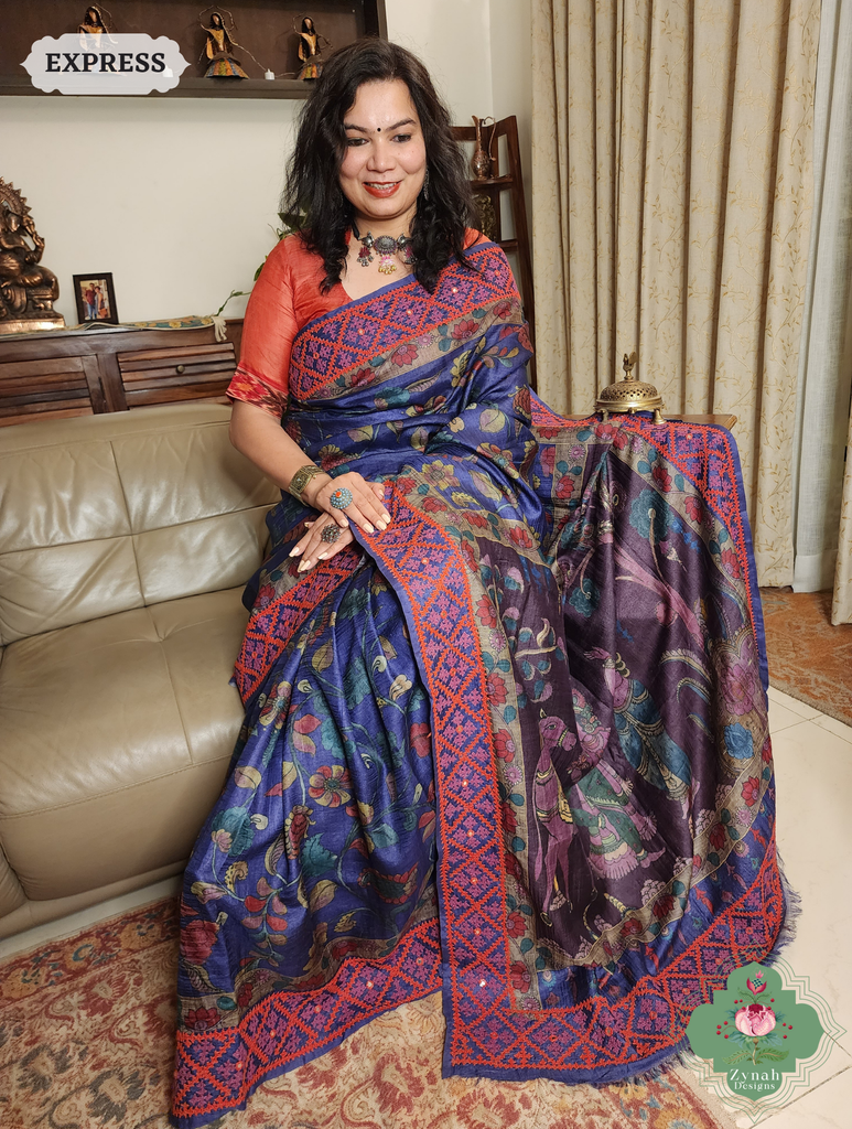 Zynah Aubergine Hand-Painted Tussar Silk Kalamkari Saree With Kutch Hand Embroidery; Custom Stitched/Ready-made Blouse, Fall, Petticoat; SKU: 2805202505