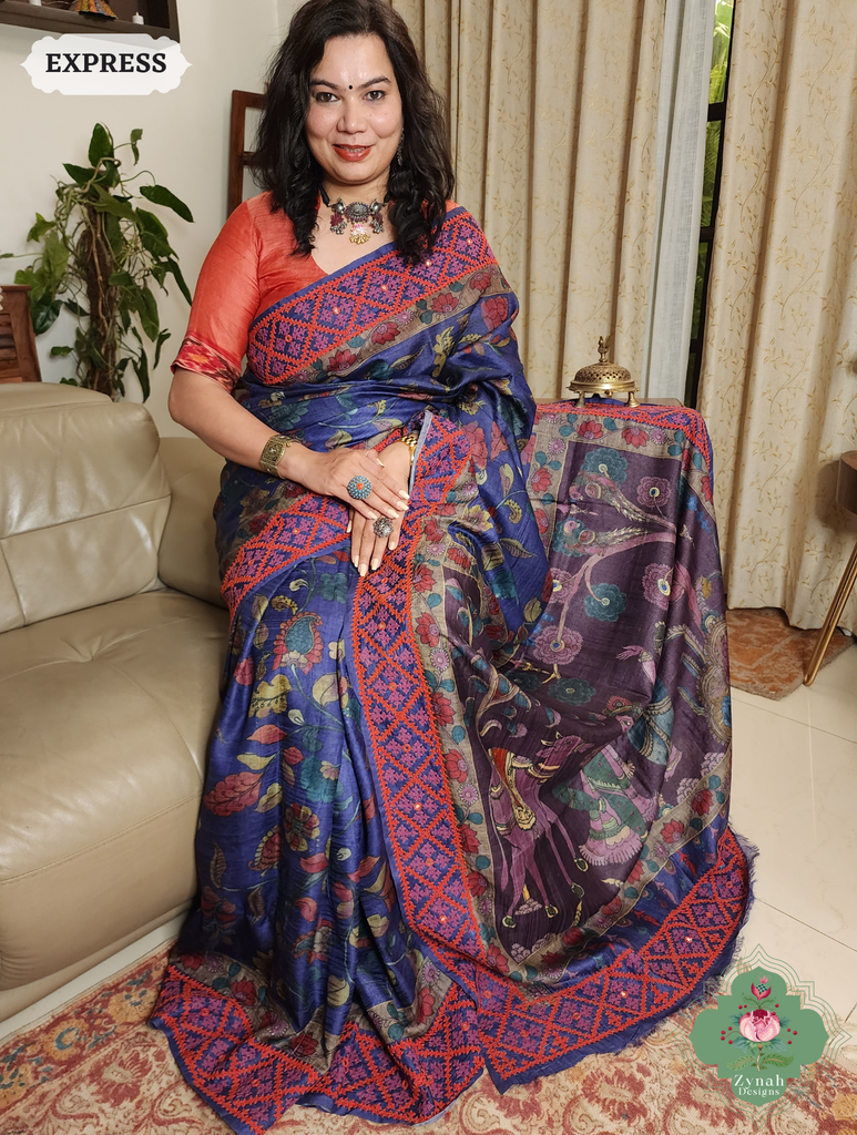 Zynah Aubergine Hand-Painted Tussar Silk Kalamkari Saree With Kutch Hand Embroidery; Custom Stitched/Ready-made Blouse, Fall, Petticoat; SKU: 2805202505