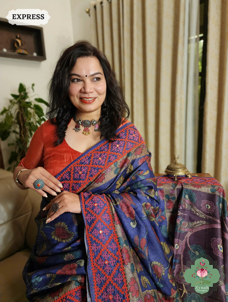 Zynah Aubergine Hand-Painted Tussar Silk Kalamkari Saree With Kutch Hand Embroidery; Custom Stitched/Ready-made Blouse, Fall, Petticoat; SKU: 2805202505