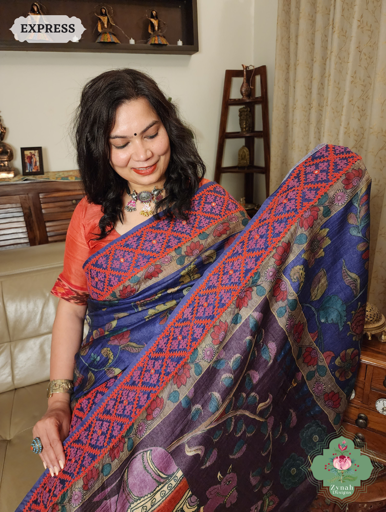 Zynah Aubergine Hand-Painted Tussar Silk Kalamkari Saree With Kutch Hand Embroidery; Custom Stitched/Ready-made Blouse, Fall, Petticoat; SKU: 2805202505