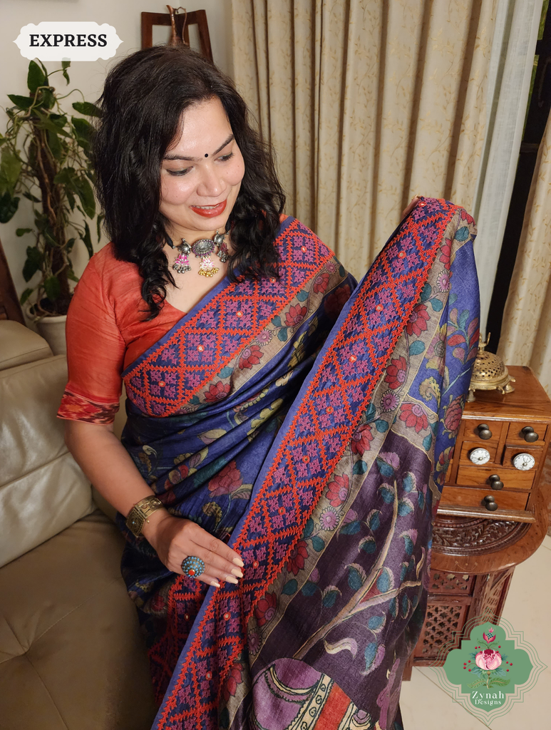 Zynah Aubergine Hand-Painted Tussar Silk Kalamkari Saree With Kutch Hand Embroidery; Custom Stitched/Ready-made Blouse, Fall, Petticoat; SKU: 2805202505