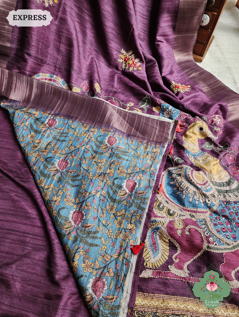 Zynah Aubergine Jute Linen Saree With Kalamkari Pallu, Kantha & Sequins Highlight & Frenchknot Hand Embroidery; Custom Stitched/Ready-made Blouse, Fall, Petticoat; SKU: 0609202403