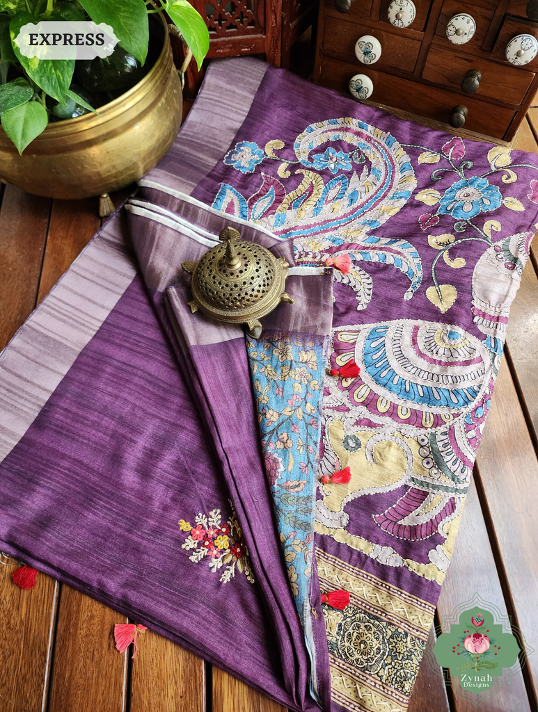 Zynah Aubergine Jute Linen Saree With Kalamkari Pallu, Kantha & Sequins Highlight & Frenchknot Hand Embroidery; Custom Stitched/Ready-made Blouse, Fall, Petticoat; SKU: 0609202403