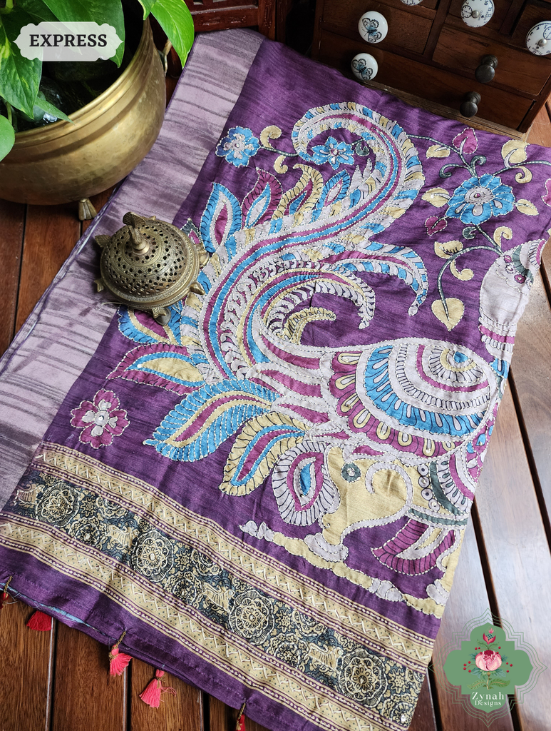Zynah Aubergine Jute Linen Saree With Kalamkari Pallu, Kantha & Sequins Highlight & Frenchknot Hand Embroidery; Custom Stitched/Ready-made Blouse, Fall, Petticoat; SKU: 0609202403
