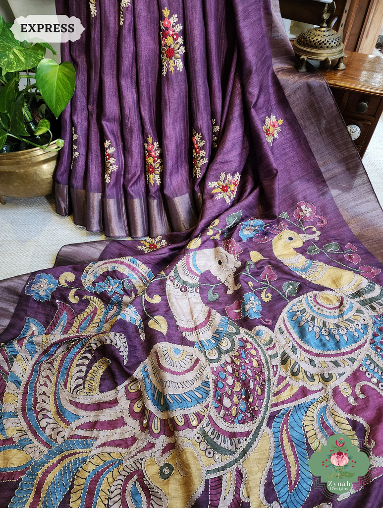 Zynah Aubergine Jute Linen Saree With Kalamkari Pallu, Kantha & Sequins Highlight & Frenchknot Hand Embroidery; Custom Stitched/Ready-made Blouse, Fall, Petticoat; SKU: 0609202403