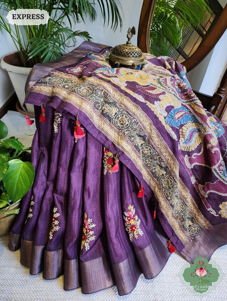 Zynah Aubergine Jute Linen Saree With Kalamkari Pallu, Kantha & Sequins Highlight & Frenchknot Hand Embroidery; Custom Stitched/Ready-made Blouse, Fall, Petticoat; SKU: 0609202403
