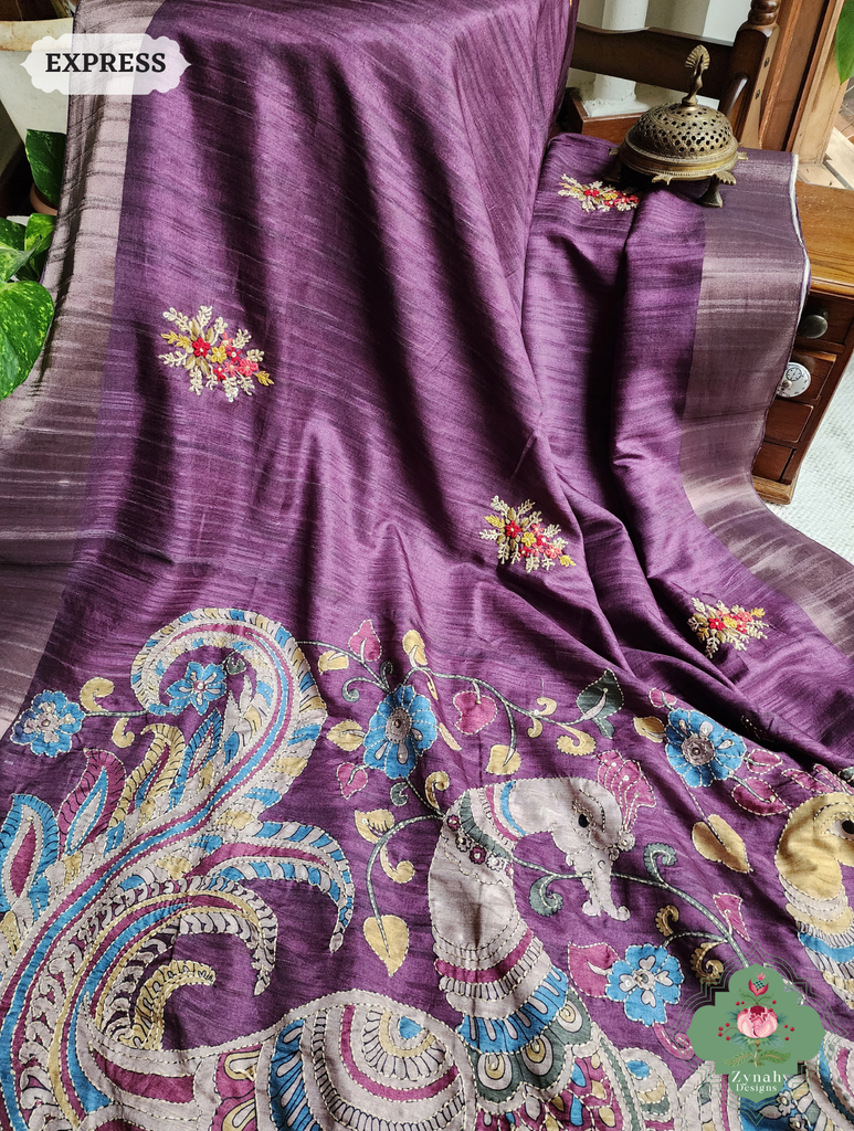 Zynah Aubergine Jute Linen Saree With Kalamkari Pallu, Kantha & Sequins Highlight & Frenchknot Hand Embroidery; Custom Stitched/Ready-made Blouse, Fall, Petticoat; SKU: 0609202403