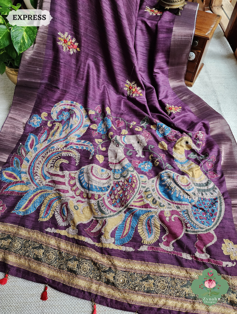 Zynah Aubergine Jute Linen Saree With Kalamkari Pallu, Kantha & Sequins Highlight & Frenchknot Hand Embroidery; Custom Stitched/Ready-made Blouse, Fall, Petticoat; SKU: 0609202403