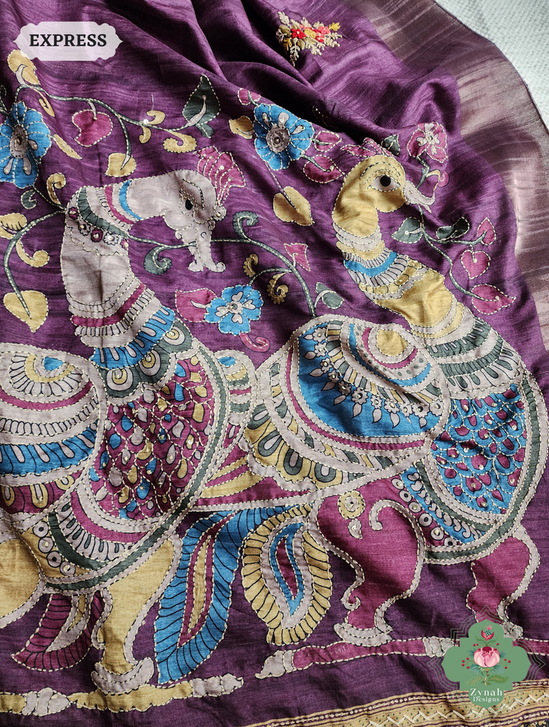 Zynah Aubergine Jute Linen Saree With Kalamkari Pallu, Kantha & Sequins Highlight & Frenchknot Hand Embroidery; Custom Stitched/Ready-made Blouse, Fall, Petticoat; SKU: 0609202403