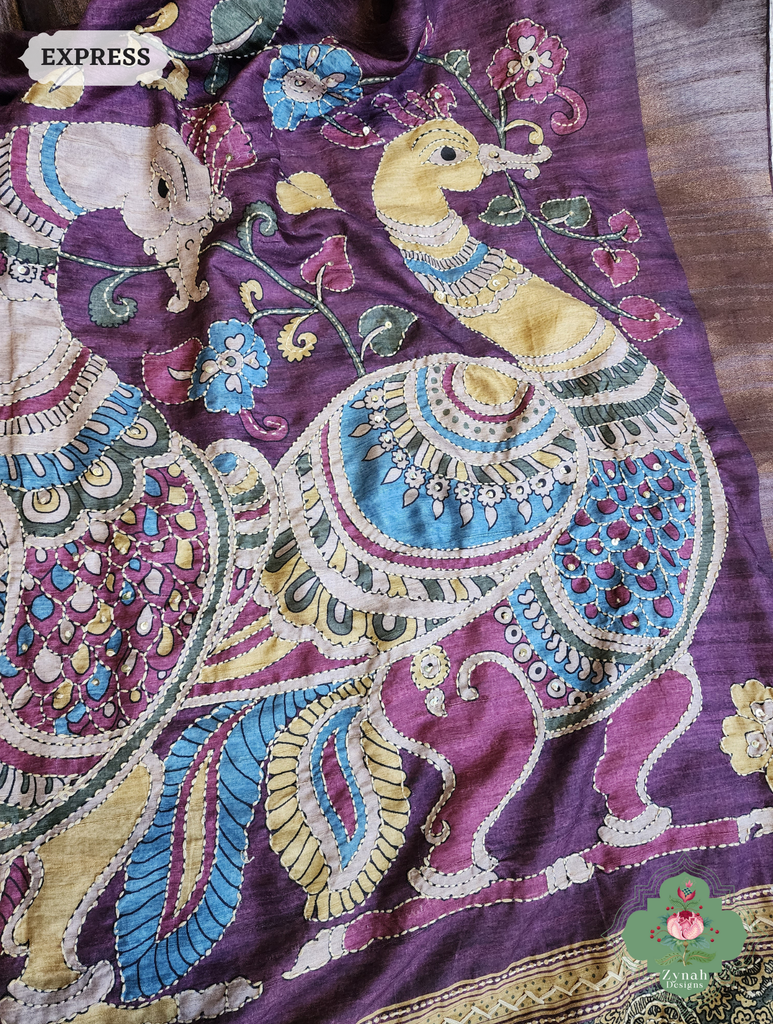 Zynah Aubergine Jute Linen Saree With Kalamkari Pallu, Kantha & Sequins Highlight & Frenchknot Hand Embroidery; Custom Stitched/Ready-made Blouse, Fall, Petticoat; SKU: 0609202403