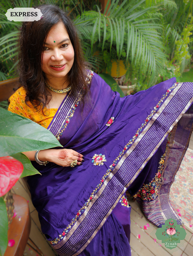 Aubergine Organza Crepe Silk Saree With Zari Borders & Stripes & French Knot Hand Embroidery 10