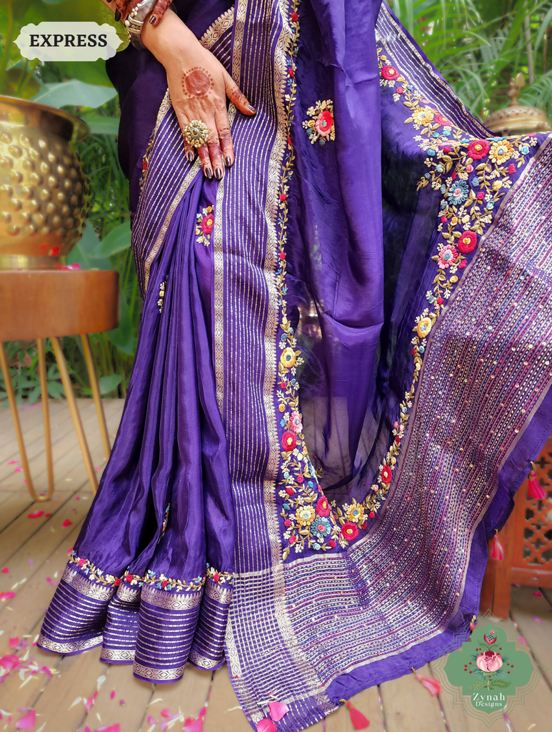 Aubergine Organza Crepe Silk Saree With Zari Borders & Stripes & French Knot Hand Embroidery 11
