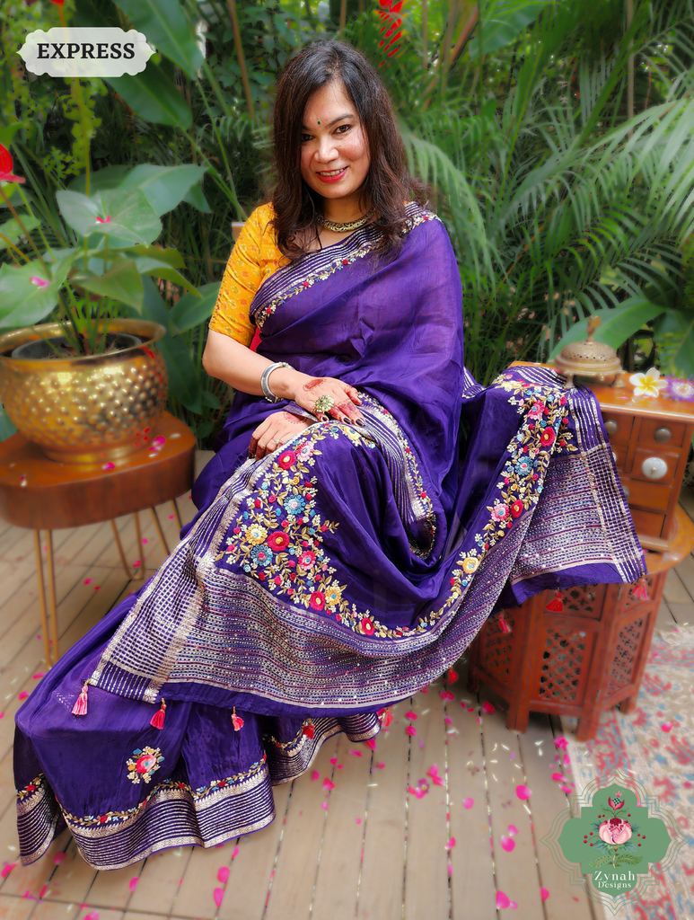 Aubergine Organza Crepe Silk Saree With Zari Borders & Stripes & French Knot Hand Embroidery 3