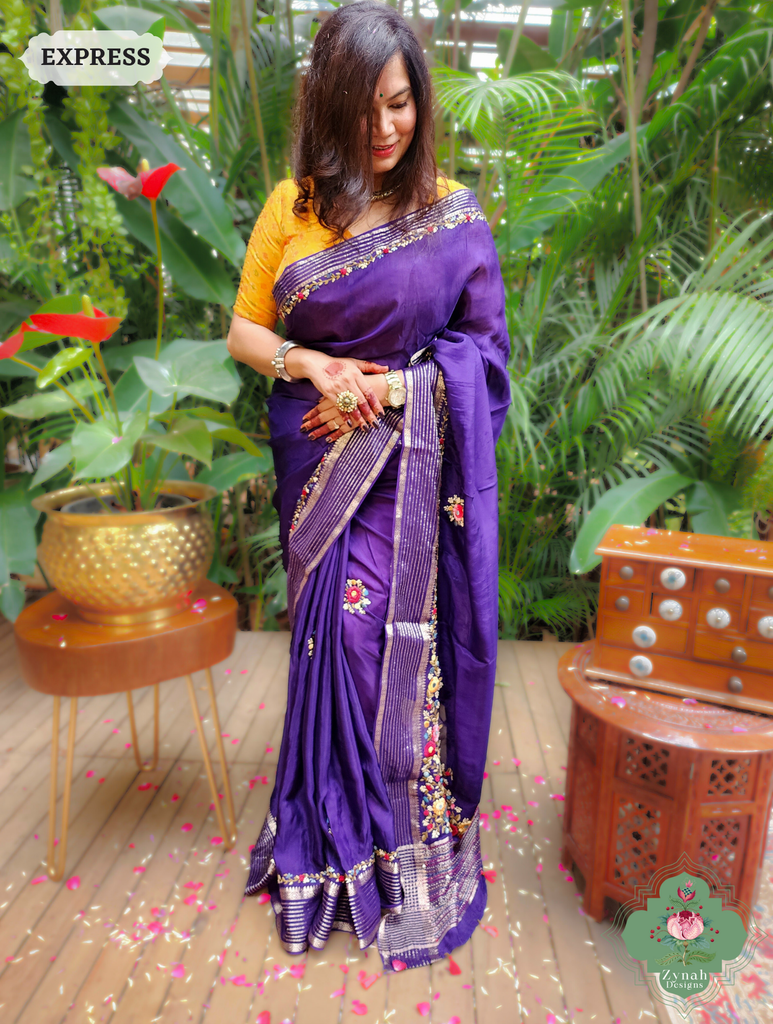 Aubergine Organza Crepe Silk Saree With Zari Borders & Stripes & French Knot Hand Embroidery 4