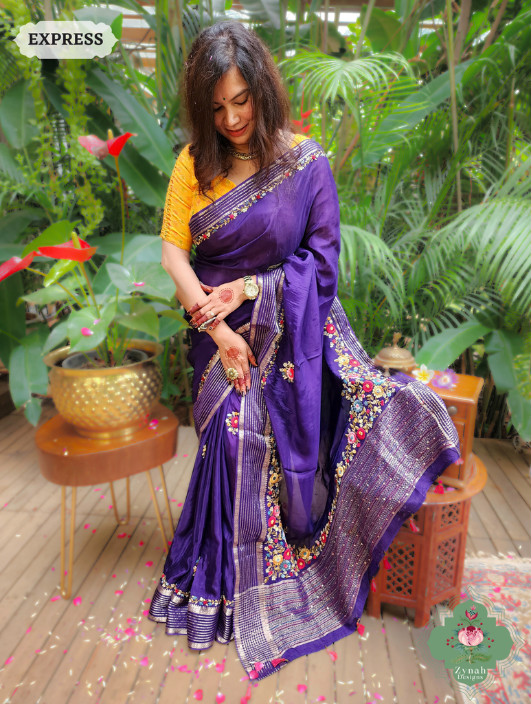 Aubergine Organza Crepe Silk Saree With Zari Borders & Stripes & French Knot Hand Embroidery 5