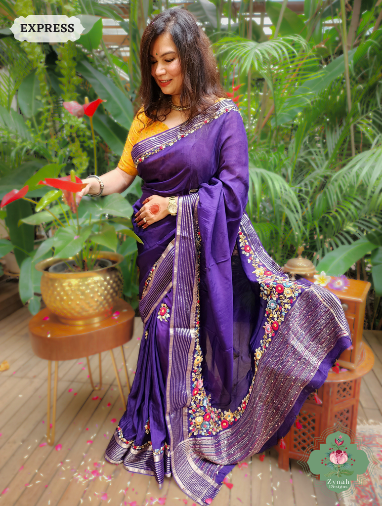 Aubergine Organza Crepe Silk Saree With Zari Borders & Stripes & French Knot Hand Embroidery 6