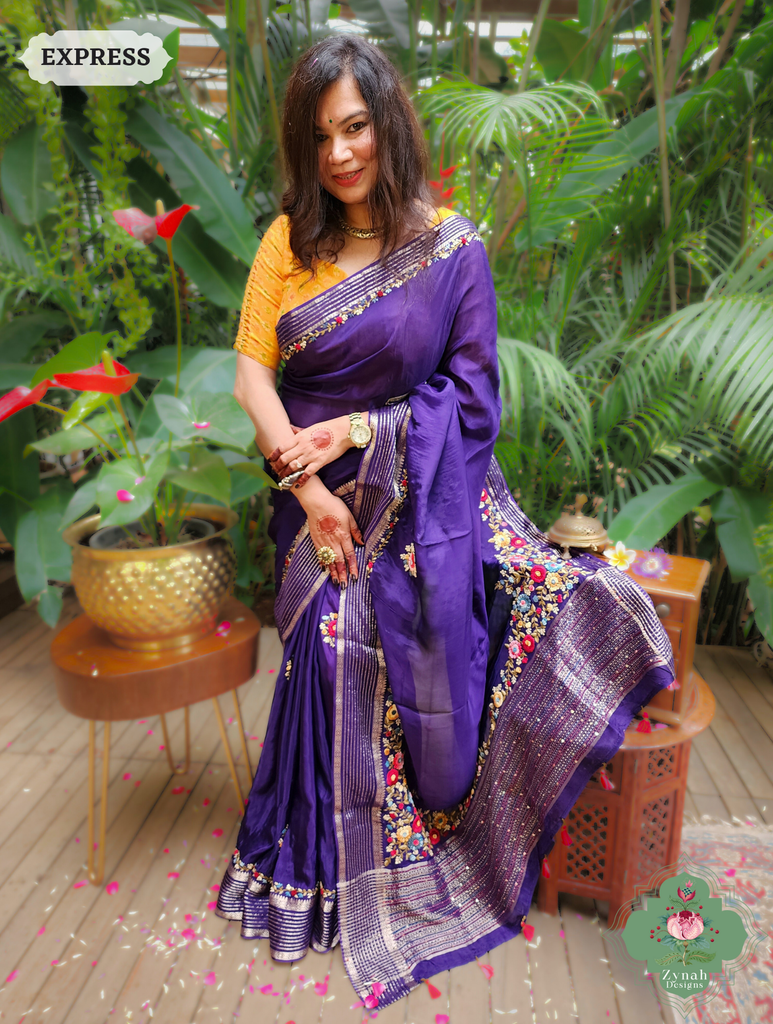 Aubergine Organza Crepe Silk Saree With Zari Borders & Stripes & French Knot Hand Embroidery 7