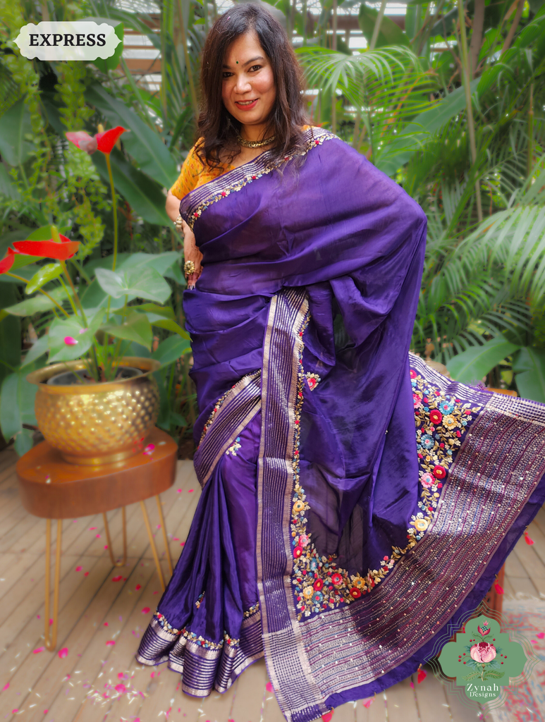 Aubergine Organza Crepe Silk Saree With Zari Borders & Stripes & French Knot Hand Embroidery 8