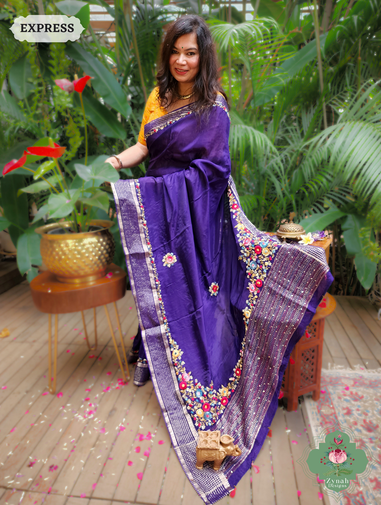 Aubergine Organza Crepe Silk Saree With Zari Borders & Stripes & French Knot Hand Embroidery 9