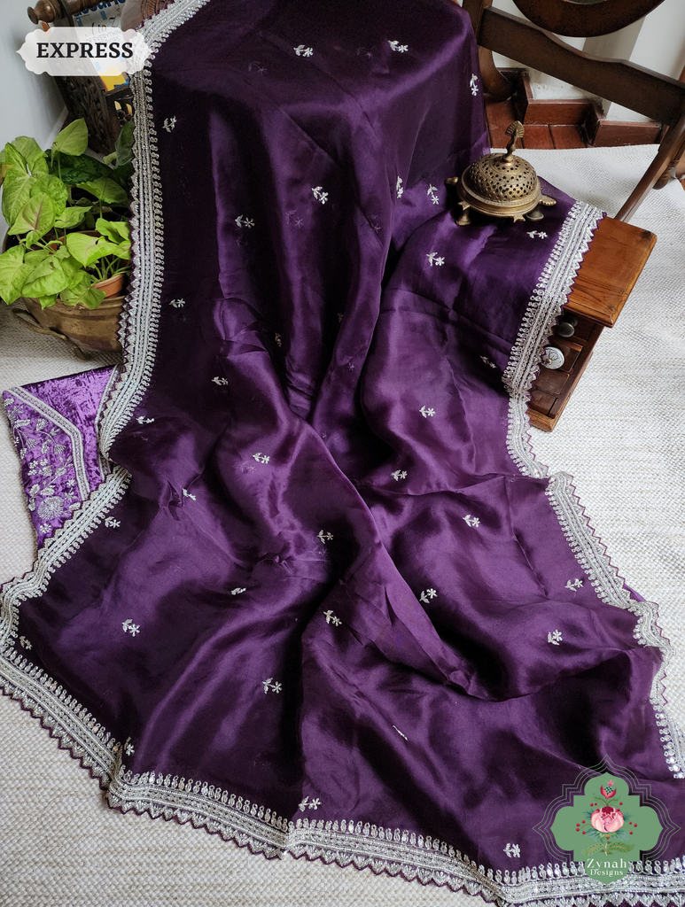 Zynah Aubergine Organza Silk Saree With Silver Cutdana Hand Embellishments; Custom Stitched/Ready-made Blouse, Fall, Petticoat; SKU: 2711202402
