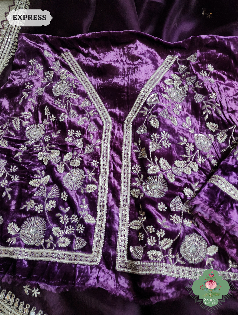 Zynah Aubergine Organza Silk Saree With Silver Cutdana Hand Embellishments; Custom Stitched/Ready-made Blouse, Fall, Petticoat; SKU: 2711202402