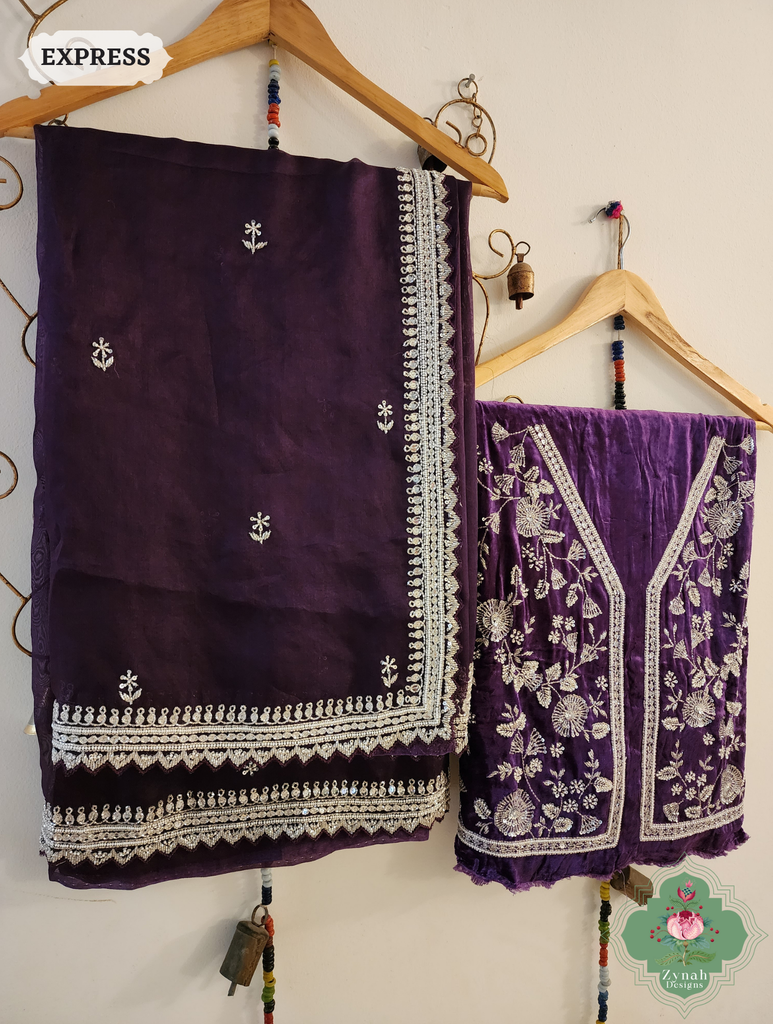 Zynah Aubergine Organza Silk Saree With Silver Cutdana Hand Embellishments; Custom Stitched/Ready-made Blouse, Fall, Petticoat; SKU: 2711202402