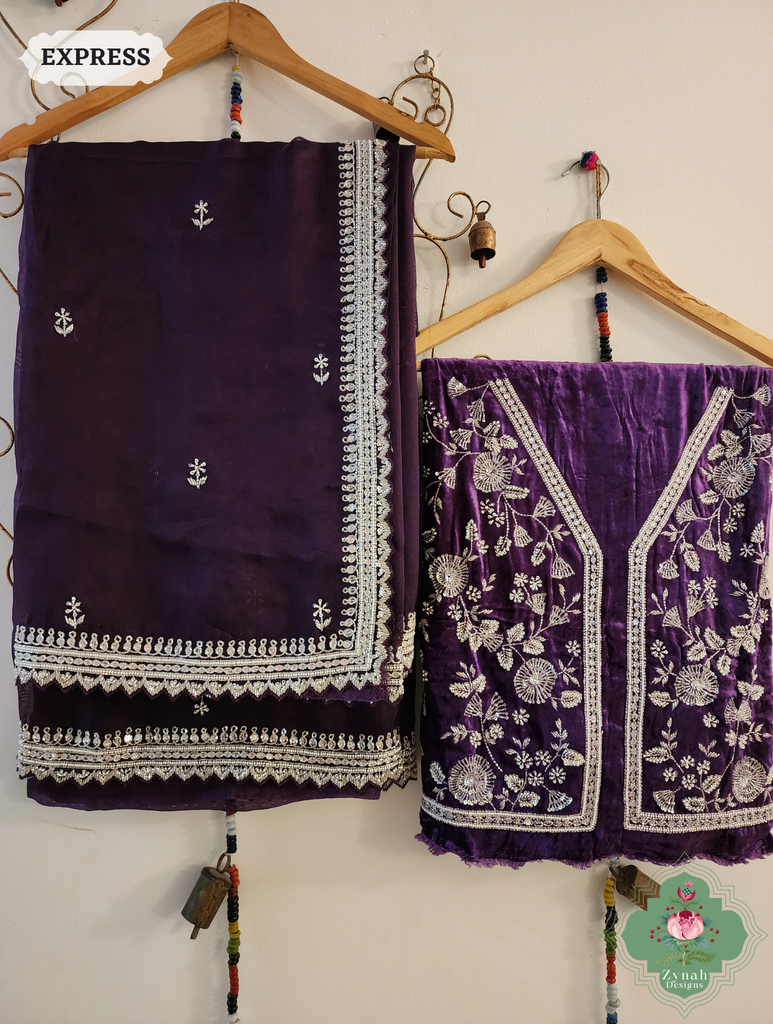 Zynah Aubergine Organza Silk Saree With Silver Cutdana Hand Embellishments; Custom Stitched/Ready-made Blouse, Fall, Petticoat; SKU: 2711202402