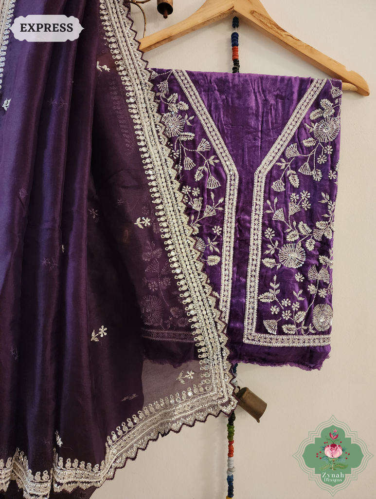 Zynah Aubergine Organza Silk Saree With Silver Cutdana Hand Embellishments; Custom Stitched/Ready-made Blouse, Fall, Petticoat; SKU: 2711202402