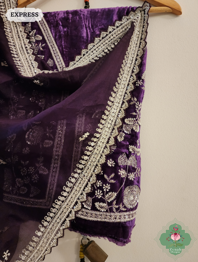 Zynah Aubergine Organza Silk Saree With Silver Cutdana Hand Embellishments; Custom Stitched/Ready-made Blouse, Fall, Petticoat; SKU: 2711202402