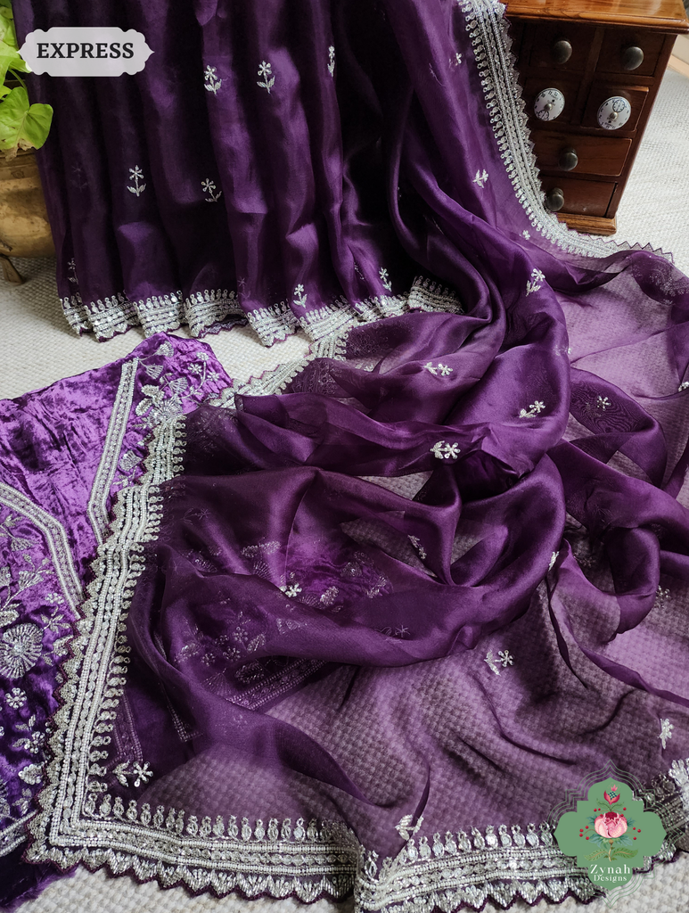Zynah Aubergine Organza Silk Saree With Silver Cutdana Hand Embellishments; Custom Stitched/Ready-made Blouse, Fall, Petticoat; SKU: 2711202402