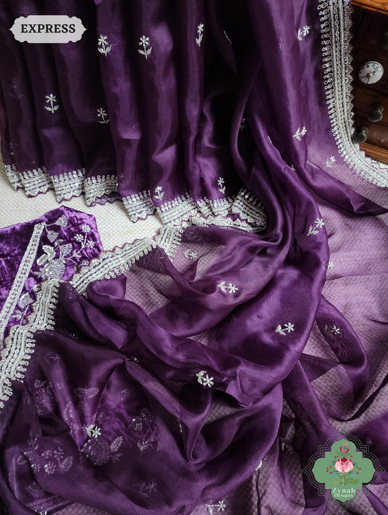 Zynah Aubergine Organza Silk Saree With Silver Cutdana Hand Embellishments; Custom Stitched/Ready-made Blouse, Fall, Petticoat; SKU: 2711202402