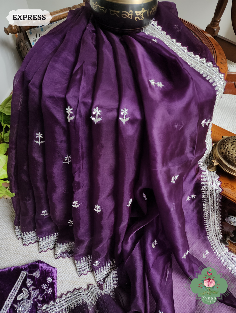Zynah Aubergine Organza Silk Saree With Silver Cutdana Hand Embellishments; Custom Stitched/Ready-made Blouse, Fall, Petticoat; SKU: 2711202402