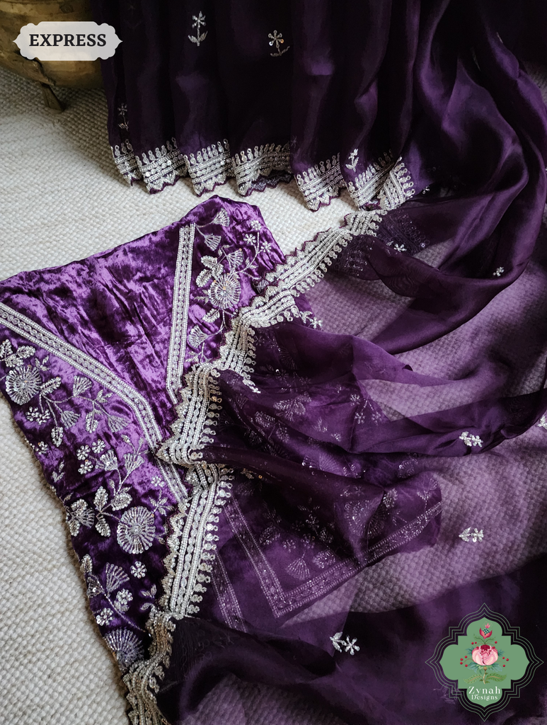 Zynah Aubergine Organza Silk Saree With Silver Cutdana Hand Embellishments; Custom Stitched/Ready-made Blouse, Fall, Petticoat; SKU: 2711202402